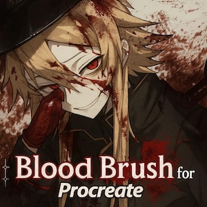 May include: Digital illustration of a character with blonde hair, red eyes, and blood splatters. The character wears a black uniform and a hat. Text reads "Blood Brush for Procreate".