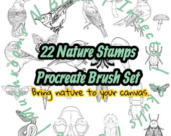 May include: A digital art set featuring 22 nature stamps for Procreate. The black and white illustrations include birds, insects, mushrooms, a snake, a skull, and butterflies. Text reads "Bring nature to your canvas."