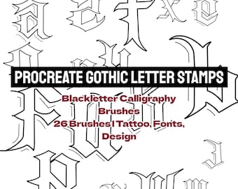 Procreate Gothic Letter Stamps – 26 Blackletter Alphabet Calligraphy Brushes for Tattoo, Vintage Font, Medieval Design