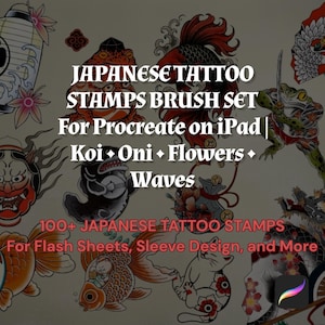 Puede incluir: Un conjunto de pinceles de arte digital para Procreate en iPad con diseños de tatuajes japoneses. La imagen muestra varios motivos tradicionales, incluyendo peces koi, máscaras oni, flores y olas. El texto dice "Japanese Tattoo Stamps Brush Set" y "100+ Japanese Tattoo Stamps."