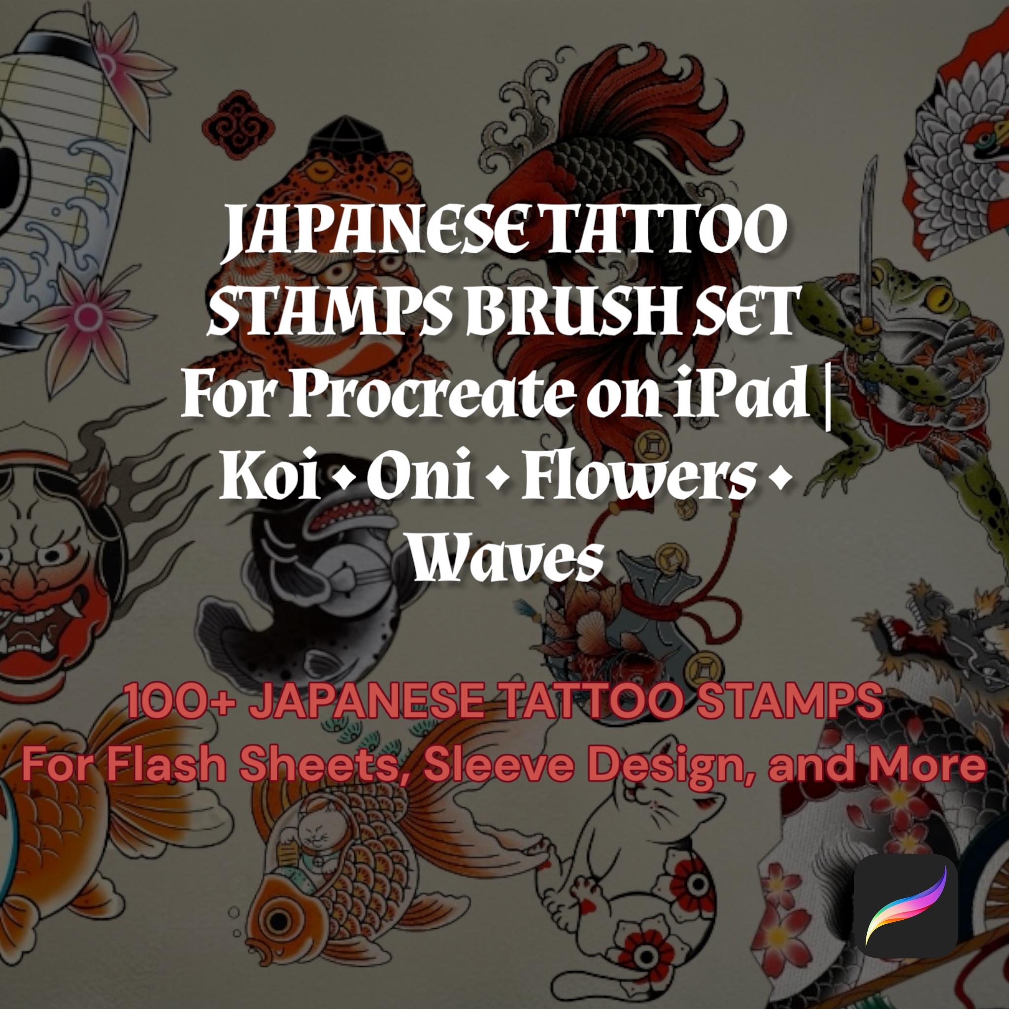 Procreate Japanisches Tattoo-Pinselset – 100+ Flash-Stempel: Koi, Oni-Masken, Drachen, Wellen & Sakura