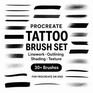 Ensemble de pinceaux de tatouage Procreate | Dessins au trait, contours, pinceaux de texture d&#39;ombrage | Lot de dessins à l&#39;encre, croquis de tatouage, calligraphie et lettrage