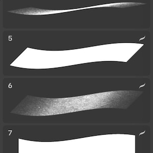 May include: A collection of ten abstract brushstroke designs, each with a unique shape and texture. The strokes vary in width and opacity, ranging from solid white to textured gray, all against a dark gray background.