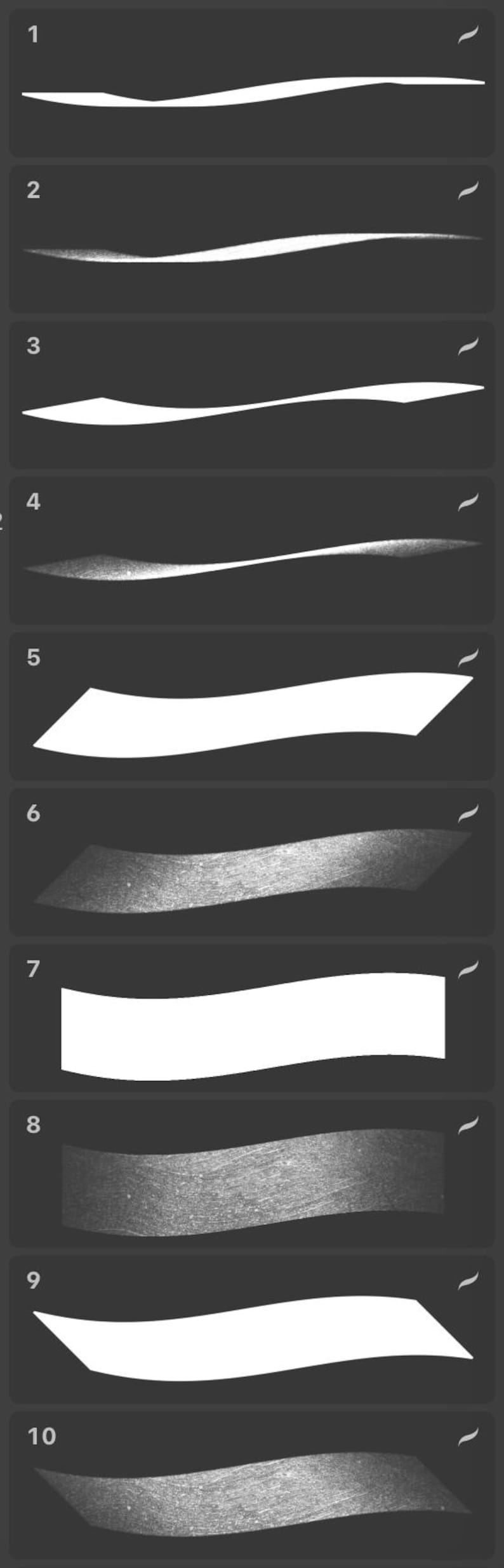 May include: A collection of ten abstract brushstroke designs, each with a unique shape and texture. The strokes vary in width and opacity, ranging from solid white to textured gray, all against a dark gray background.