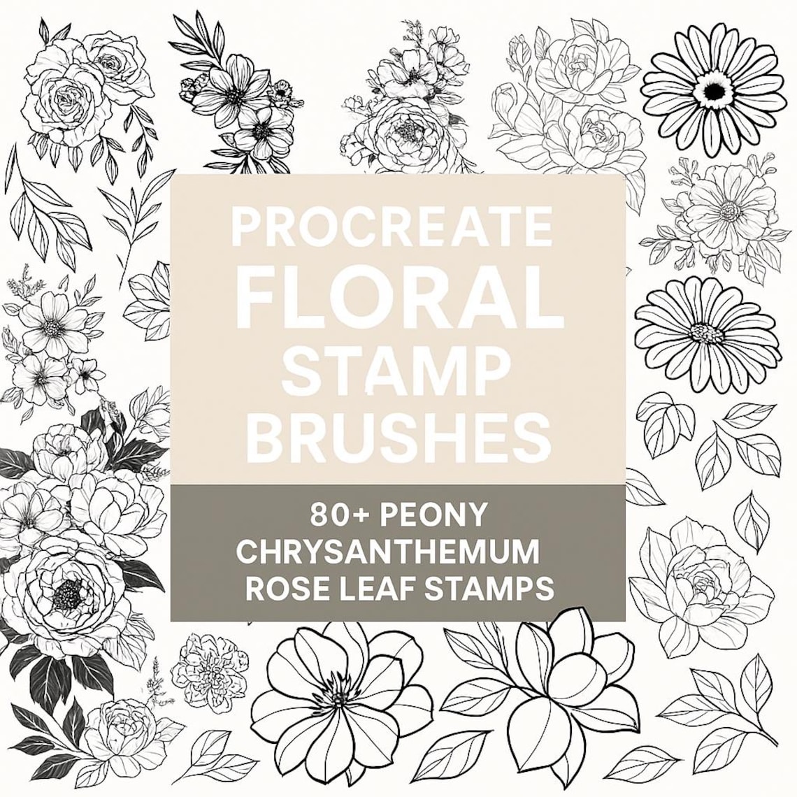 Procreate Floral Stamp Brushes – 80+ Peony, Chrysanthemum, Rose, Leaf ...