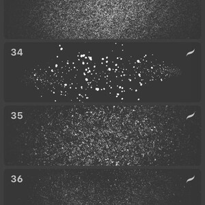 May include: A collection of digital art brushes, each with a unique texture and shape. The brushes range from smooth, solid strokes to speckled and granular effects, ideal for digital painting and design projects. The images are displayed on a dark background.