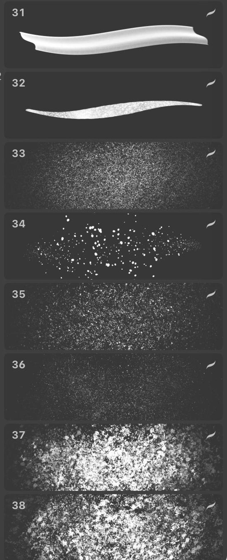 May include: A collection of digital art brushes, each with a unique texture and shape. The brushes range from smooth, solid strokes to speckled and granular effects, ideal for digital painting and design projects. The images are displayed on a dark background.