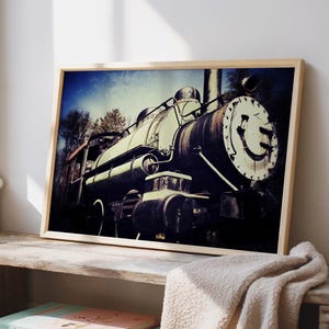 Roestige stoommachine Art Print - vintage wastrein decor, industriële muurkunst, speelkamer trein fotografie