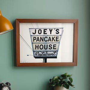 Mid-Century Joey&#39;s Pancake House Roadside Sign Photography Print - Retro Kitchen Breakfast Wall Art - Vintage Americana Decor