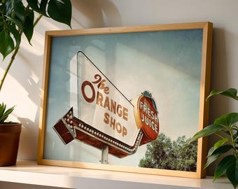 Impresión artística de letrero vintage de tienda de naranjas: arte mural de jugos frescos, decoración retro de Florida, cocina de estilo rústico de mediados de siglo