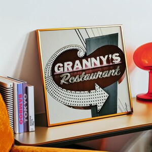 Vintage Granny&#39;s Restaurant Neon Sign Photography Print - Red, White, and Blue Retro Diner Wall Art - Nostalgic Americana Decor