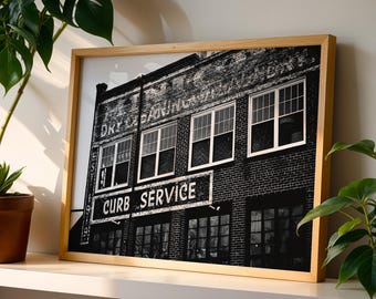Curb Service Ghost Sign Print – Black White Brick Architecture Wall Art