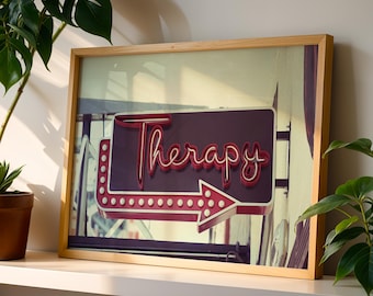 Impresión fotográfica de letrero de neón: Arte de pared retro con marquesina «Terapia»