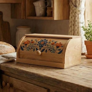 Caixa de pão artesanal em madeira natural – Organizador rústico para cozinha com estampa floral.