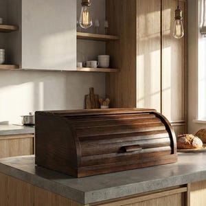 Pode incluir: Uma caixa de pão de madeira castanha escura com um design de rolo está em uma bancada de cozinha. A cozinha apresenta uma máquina de café expresso de aço inoxidável, armários de madeira e uma janela com luz natural. Pão e pastelaria frescos estão em exibição.