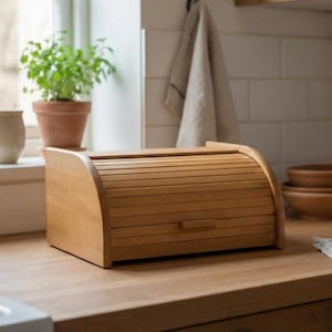 La caja de pan de madera está hecha a mano con madera natural.