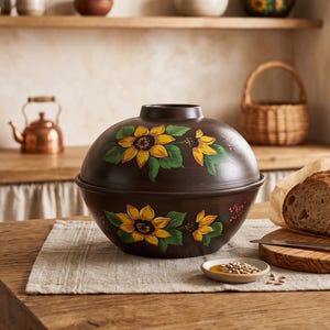 May include: A dark brown ceramic bread baker decorated with yellow sunflowers and green leaves. A loaf of bread sits on a wooden board with a knife. A small dish of seeds is also on the table.
