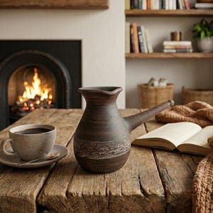 Puede incluir: Una mesa de madera rústica exhibe una cafetera de cerámica marrón oscuro con un pico largo, una taza de café y un libro abierto. Una manta de punto marrón y una chimenea con fuego en el fondo evocan calidez y confort.