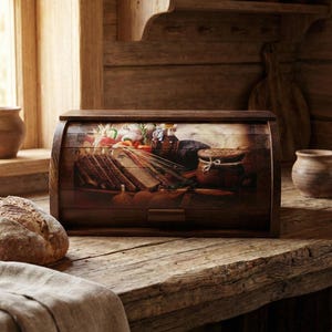 Op de afbeelding: Een houten broodtrommel met een gebogen bovenkant, met een geschilderde afbeelding van brood, groenten en andere voedingsmiddelen. Een brood en een linnen doek liggen op een rustieke houten tafel bij een raam.