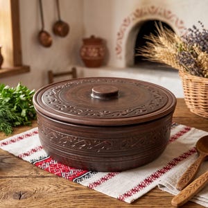 Handmade Clay Casserole Pot with Lid 2.5L