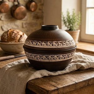 Op de afbeelding: Een donkerbruine keramische broodoven met een wit bloemmotief. De ronde bakker staat op een houten tafel met een linnen doek. Een brood in een kom op de achtergrond.