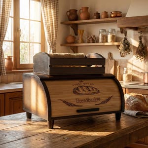 Pode incluir: Uma caixa de pão de madeira com porta de enrolar e uma bandeja de madeira combinando em cima. A caixa de pão tem as palavras "Fresh Bread" e "Breadbasket" impressas na frente. Um pão está em uma mesa de madeira.