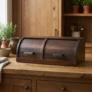 Pode incluir: Uma caixa de pão de madeira castanha escura com um design de enrolar. A caixa tem dois compartimentos e uma pega em cada um. Está sobre uma bancada de madeira com outros artigos de cozinha no fundo. A caixa de pão tem cerca de 40 cm de largura.