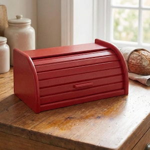 Red Wooden Handmade Bread Box with Roll Top