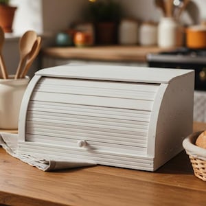 Op de afbeelding: Een witte houten brooddoos met een roll-top ontwerp staat op een houten tafel. Een broodmandje staat rechts. Keukengerei en planten staan op de achtergrond. De brooddoos is ongeveer 38 cm breed.
