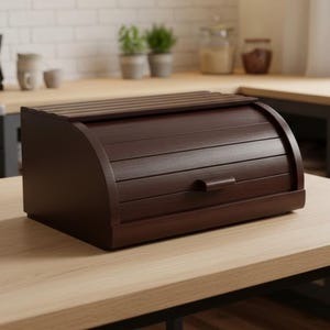 Brödlåda i mörk bokträ med rulllock (34,5 x 28,5 x 17,5 cm)