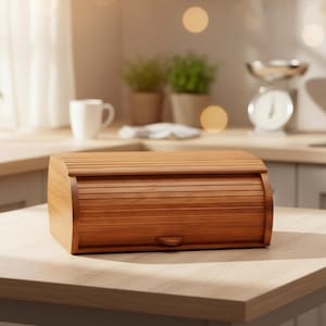 Puede incluir: Una panera de madera con tapa enrollable se encuentra sobre una encimera de madera de color claro. La panera tiene un acabado cálido de vetas de madera natural y un pequeño asa. El entorno de la cocina incluye una ventana, plantas y una balanza.