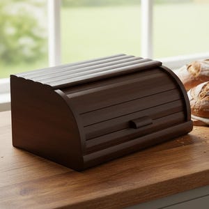 Brödlåda i mörk trä med rulltopp, förvaring i köket