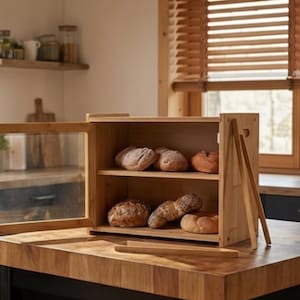Puede incluir: Una panera de madera con puerta de cristal y dos estantes, que contiene varios panes. La panera está abierta, revelando el pan. Está sobre una encimera de madera, con una ventana y persianas en el fondo.