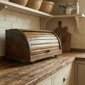May include: A wooden breadbox with a roll-top lid sits on a wooden countertop. The breadbox is a warm brown color and has carved floral details on the side. Kitchen shelves and other kitchen items are in the background.