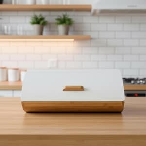 Puede incluir: Una panera blanca con base de bambú y asa de madera. La panera tiene una parte superior curvada y está sobre una superficie de madera. El fondo incluye una cocina con estantes y plantas.