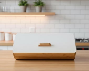 Panera de bambú hecha a mano con tapa enrollable blanca / 35,5 x 16 cm