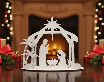 Belén de madera hecho a mano con la Sagrada Familia