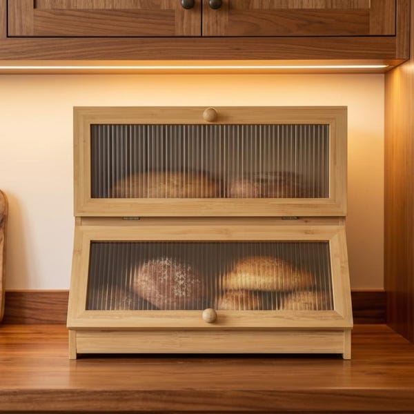 Dwupoziomowy drewniany pojemnik na chleb z ergonomicznymi uchwytami, ręcznie robiony pojemnik na chleb z naturalnego drewna