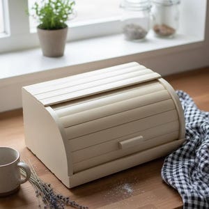 Puede incluir: Una panera de madera color crema con tapa enrollable y un pequeño asa. La panera tiene un diseño curvo y está sobre una superficie de madera. Una taza pequeña, ramitas de lavanda y un paño a cuadros están cerca.