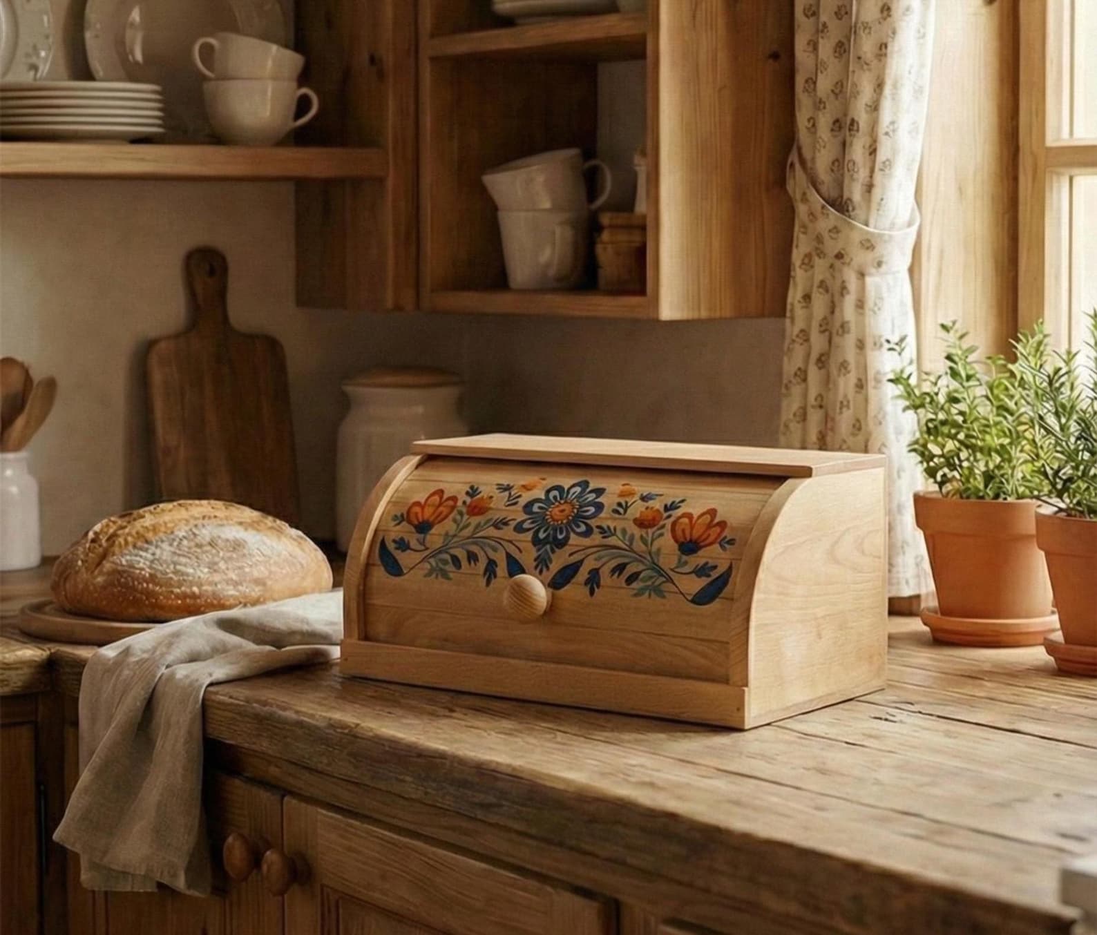 Handmade Natural Wood Bread Box – Rustic Kitchen Storage with Floral Design