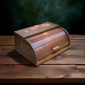 Puede incluir: Una panera de madera con frente curvo y tapa con bisagras. La caja es de color marrón cálido con patrones circulares decorativos tallados en la parte superior y los lados. La caja está sobre una superficie de madera.