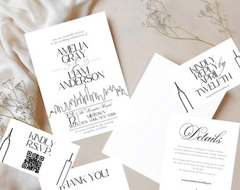 Conjunto de invitaciones de boda modernas y minimalistas de Nueva York (descarga digital)