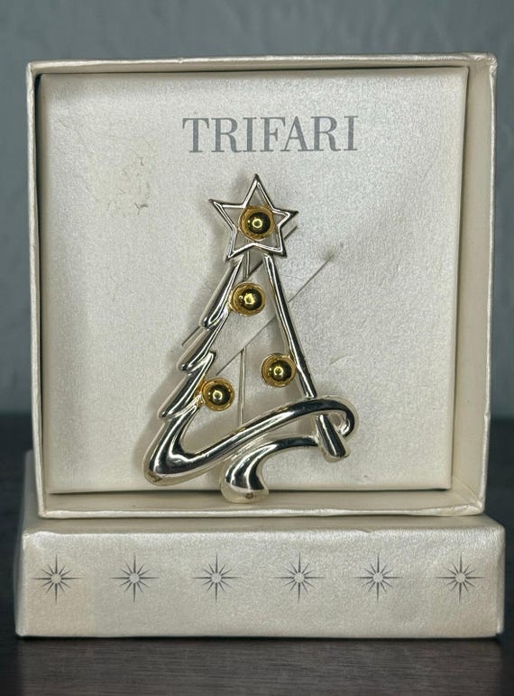 Trifari Christmas Tree Brooch Boxed Silver Gold Holiday Pin