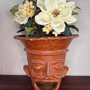 Mexican Folk Art Face Planter 1970s Terracotta Ceramic Pot