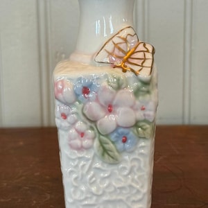 Vintage White Ceramic Vase with Butterfly Relief Design
