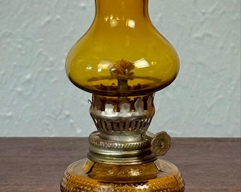 Amber Glass Oil Lamp with Hobnail Base and Chimney 1970s Decor