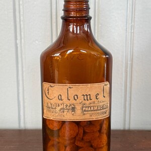 Antique Calomel Apothecary Bottle with Cork & Label AA Dumez Wisconsin Pharmacy