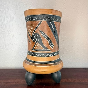 Mayan Revival Tripod Cylinder Vase, Incised Folk Art Clay Pottery
