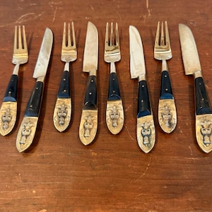 Vintage Thai Flatware Set – Brass & Black Handle Utensils with Basket