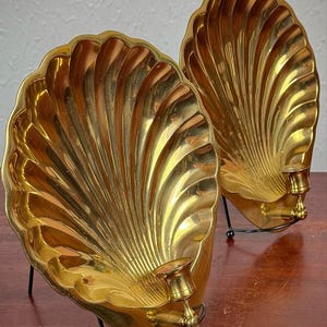 Solid Brass Shell Wall Sconces Pair 1970s Candle Holders